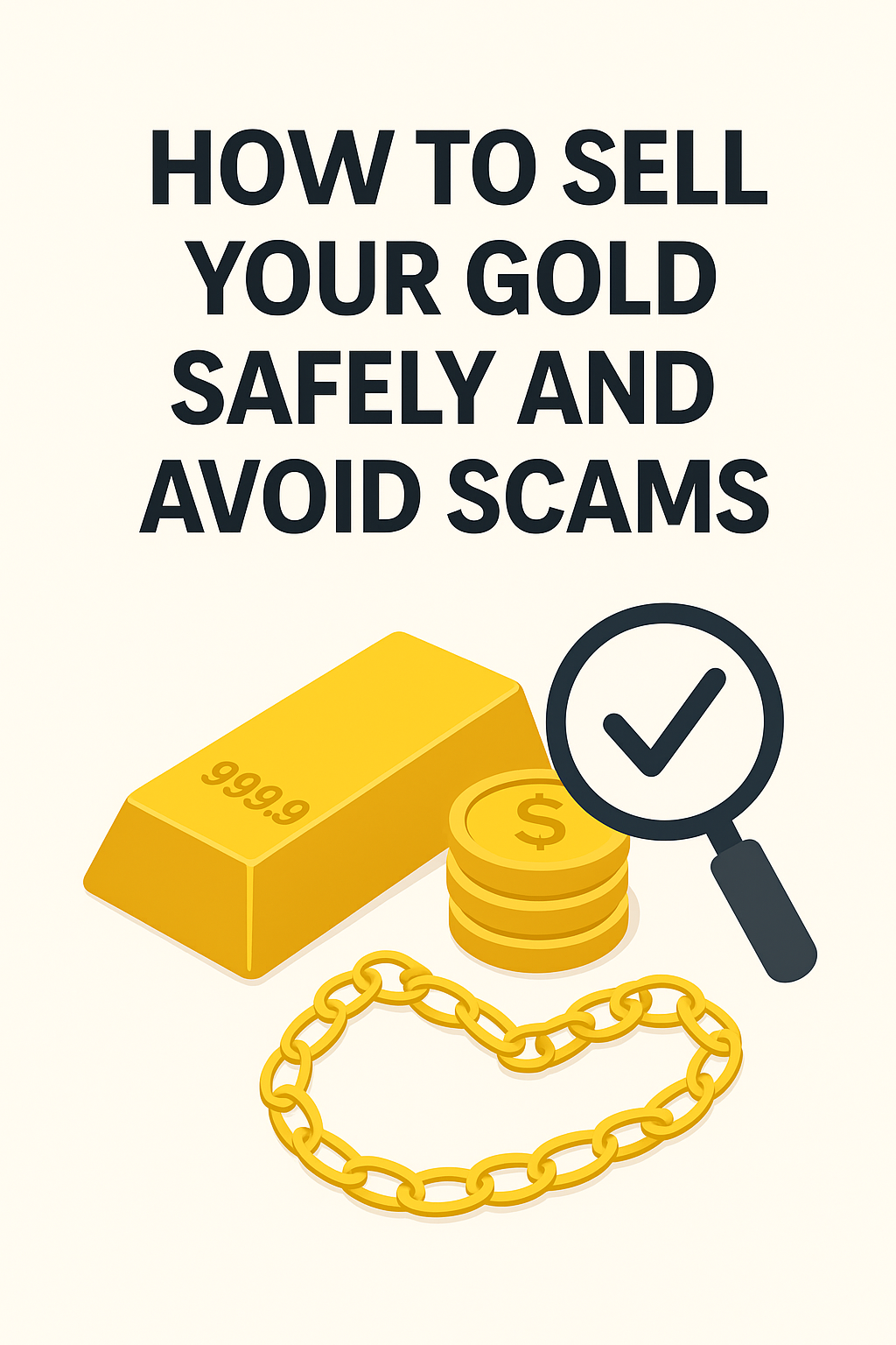 How to Sell Your Gold Safely and Avoid Scams — gold bar, coins and magnifying glass